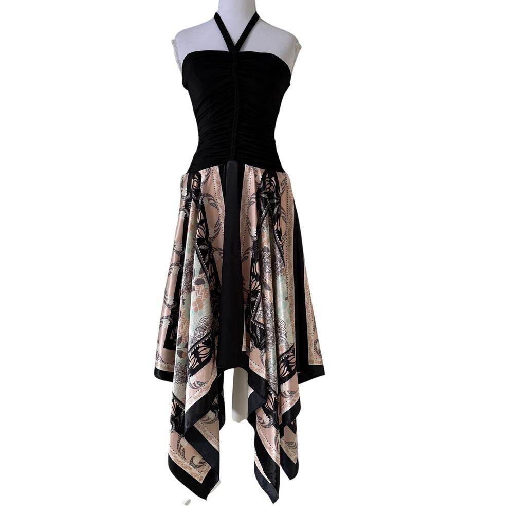 Intrigue Vintage Y2K Halter Handkerchief Dress Small Black Pink Scarf Print Midi